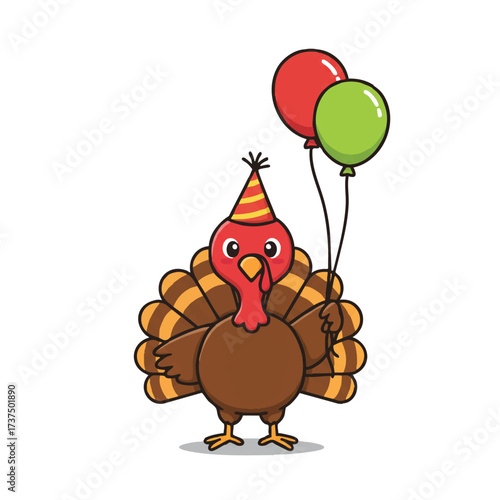 A cute turkey wearing a festive party hat and holding a vibrant balloon stands joyfully, depicted in a charming 2D flat vector illustration on a clean white background.