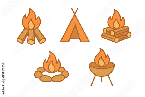 Different types of campfires and fire setups in a nature setting