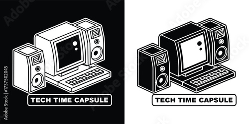 Tech time capsule graphic featuring an old computer and speakers, presented in both black and white versions
