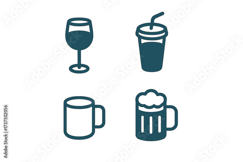 Various drink icons representing different beverages including wine, soft drink, coffee, and beer