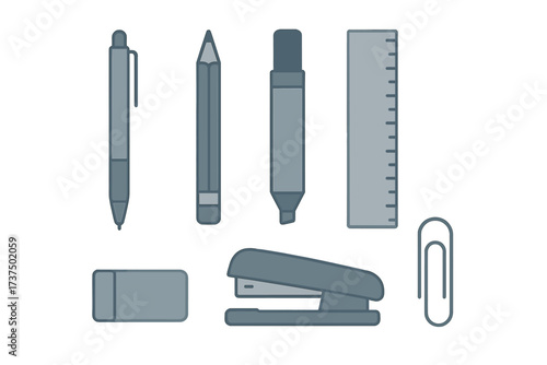 Essential office and school stationery supplies collection with various writing, measuring, and organizing tools