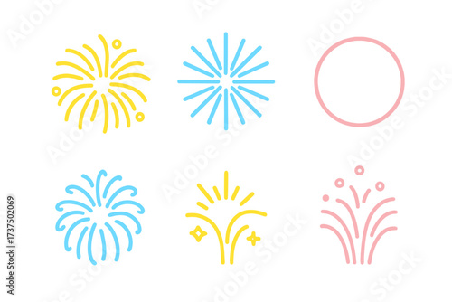 Colorful firework shapes and celebration explosion symbols for festive events
