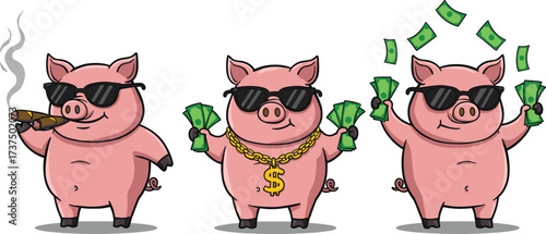 Rich cartoon pigs with sunglasses, money, gold chain, smoking cigar, luxury lifestyle, funny animals, wealth, success, finance, swag
