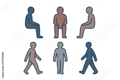 Different postures and actions of people in various seated and walking positions illustrated in a simple design
