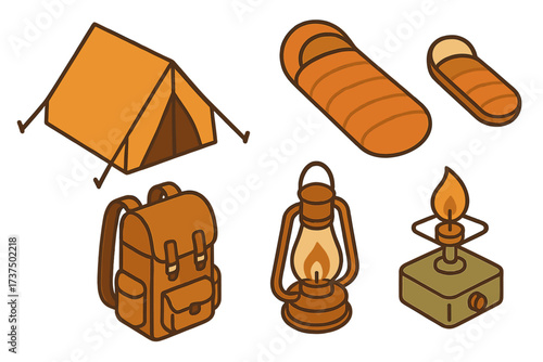 Camping gear collection featuring tent, sleeping bags, backpack, lantern, and stove for outdoor adventures