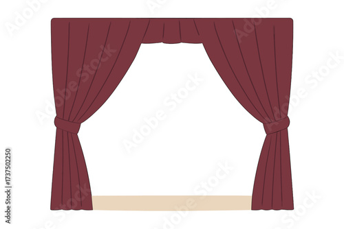 Elegant red stage curtains tied back, revealing an empty performance area or window
