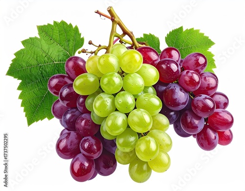 Green, red grapes bunch with vibrant leaves