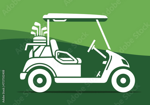 White Golf Cart Parked on a Green Golf Course with Clubs Ready for a Game