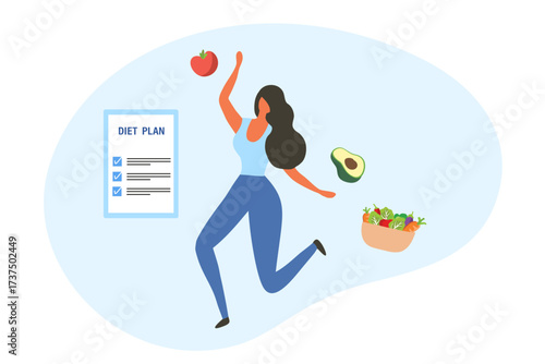 Healthy diet plan, woman eat healthy food and planning diet with fruit and vegetable vector illustration