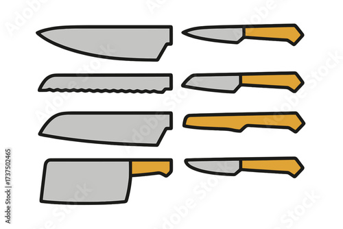 Various kitchen knives lined up, showcasing different styles and purposes for food preparation