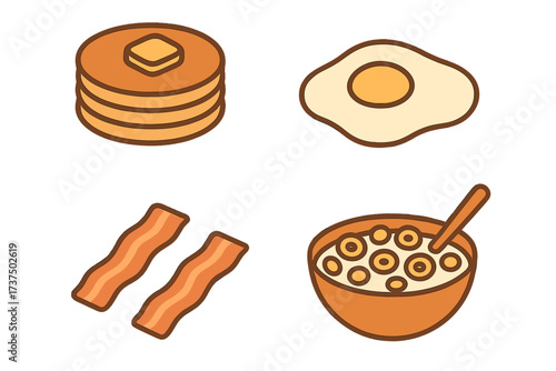 Delicious breakfast items including pancakes, eggs, bacon, and cereal on a bright background
