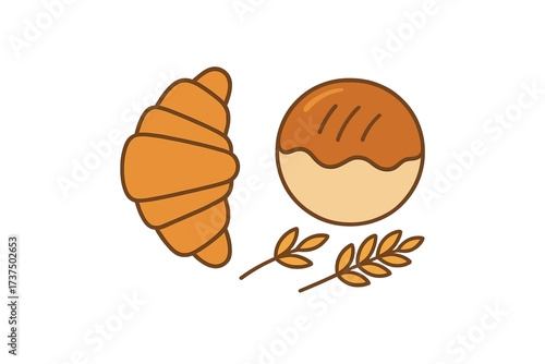 Delicious freshly baked croissant and round bread loaf with golden wheat stalks