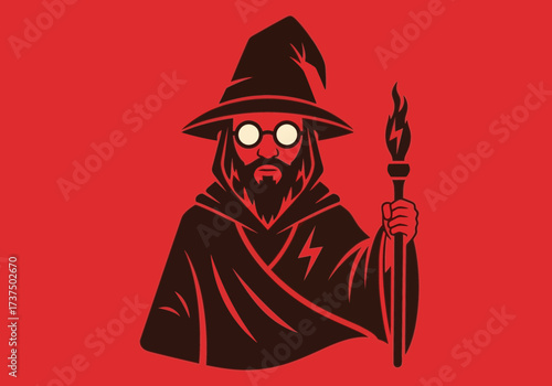 Mysterious Wizard Holding a Burning Staff on a Red Background, Fantasy Art