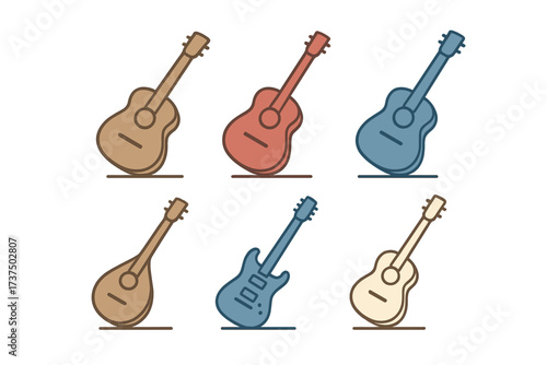 Six colorful guitars and a mandolin arranged in a neat row on a white background