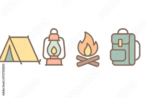 Camping essentials including a tent, lantern, fire, and backpack for outdoor adventures