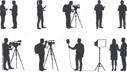 Silhouette of media crew, camera operators, reporters, and interview setup, ideal for journalism, broadcasting, news coverage, and video production themes.