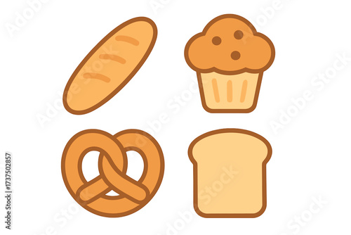 Various types of baked goods including bread, muffin, pretzel, and loaf shown in simple, colorful designs