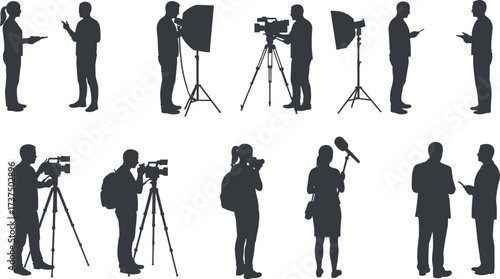 Silhouette of media crew, camera operators, reporters, and interview setup, ideal for journalism, broadcasting, news coverage, and video production themes