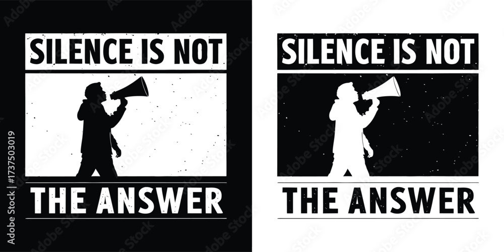 Obraz premium Silhouette of a person with a megaphone, with the text silence is not the answer, symbolizing protest or activism, presented on black and white backgrounds