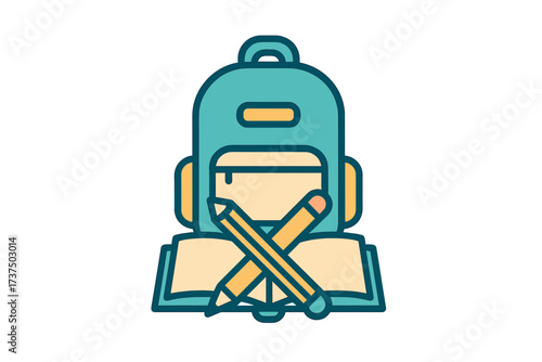 School backpack with open book and crossed pencils for education and learning concept