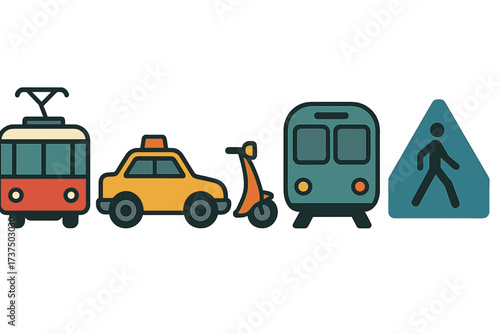 Different types of urban transportation icons showing various travel options for city commuters