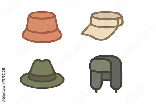 Collection of various headwear styles including bucket hat, visor, fedora, and trapper hat