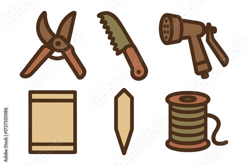 Collection of gardening and crafting tools for various tasks and projects in a creative workspace setting