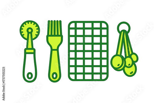 Collection of essential baking tools including a pastry wheel, basting brush, cooling rack, and measuring spoons