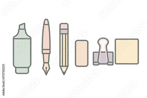 Set of essential office and school stationery supplies and writing tools