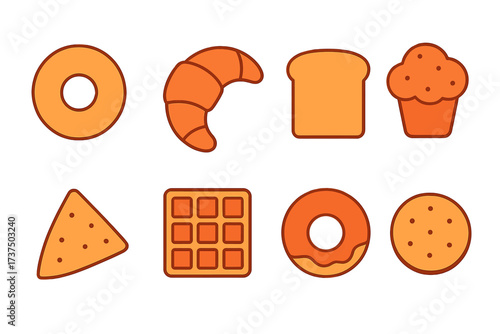 Assortment of diverse breakfast pastries, baked goods, and snack food items