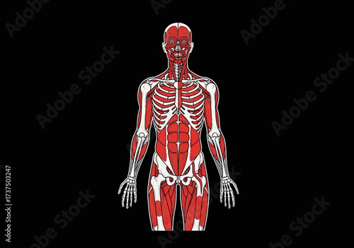 Detailed Illustration of Human Muscular System Anatomy on Black Background