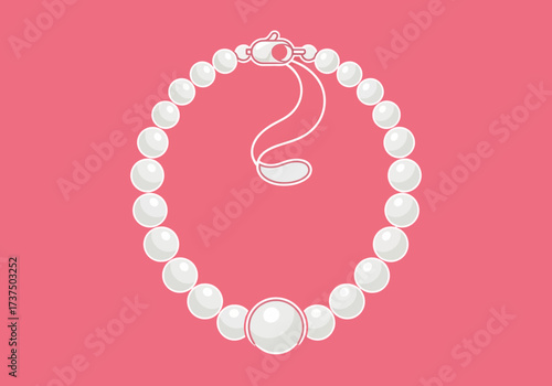 Elegant White Pearl Necklace Illustration with Clasp on Solid Pink Background