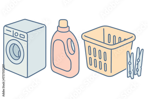 Laundry setup with washing machine, detergent bottle, laundry basket, and clothespins in a home environment