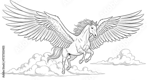Detailed line art drawing of a majestic Pegasus, a mythical winged horse, soaring gracefully above fluffy clouds in the sky.