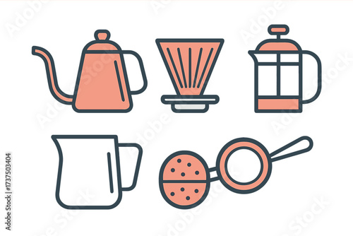 Assortment of essential coffee and tea brewing tools and accessories for hot beverages