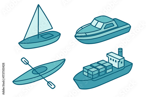Various types of water vessels including sailboats, kayaks, and cargo ships in simple blue outlines