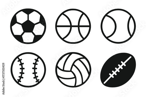 Set of sports balls for soccer, basketball, tennis, baseball, volleyball, and football