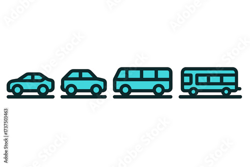 Different types of vehicles lined up in a row depicting transportation options available