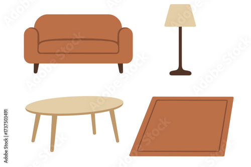 Modern living room furniture set including a comfortable sofa, floor lamp, coffee table, and rug
