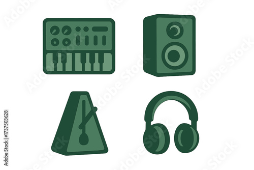 Various music equipment items including keyboard, speaker, metronome, and headphones arranged together
