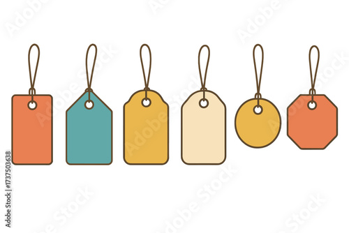 Collection of blank price tags and labels in assorted shapes with strings for retail display