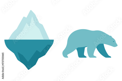 Arctic landscape elements featuring a large iceberg and a walking polar bear