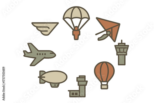 Collection of air travel and aviation icons including airplane, parachute, and hot air balloon