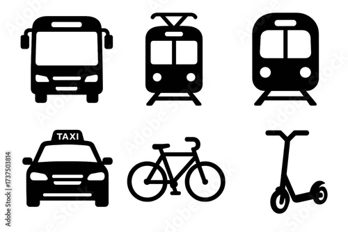 Various modes of transportation including bus, tram, subway, taxi, bicycle, and electric scooter on clear background