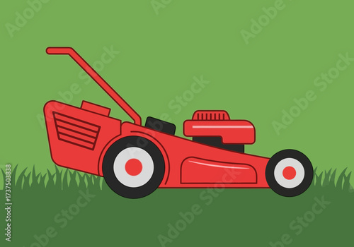 Red Lawn Mower on Green Grass, Garden Tool for Home Yard Maintenance on an Outdoor Cartoon Background, Fresh and Clean Mood