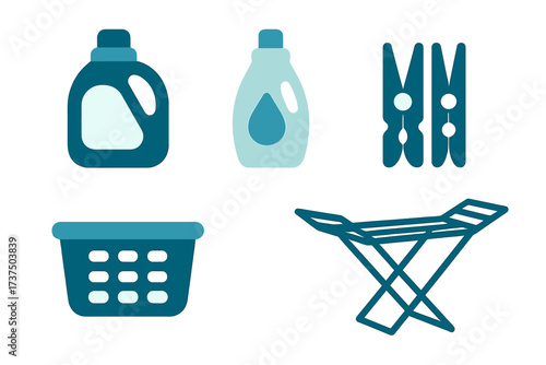 Laundry supplies with detergent bottles, clothespins, basket, and drying rack for home chores