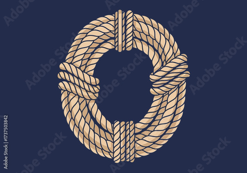 Coiled Rope Circular Frame, Nautical Knot Element on Dark Blue Background
