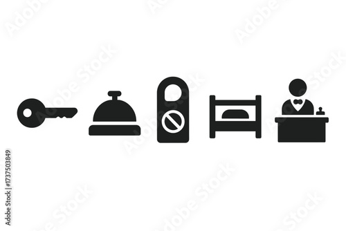 Icons representing essential hotel services including check-in, room key, and do not disturb sign for a smooth guest experience