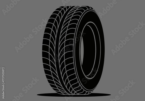 Black Car Tire Vector Illustration with Detailed Tread, Isolated on a Grey Background, Automotive Concept
