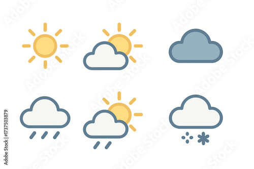 Different weather icons displayed in a simple and colorful style showing sun, clouds, rain, and snow